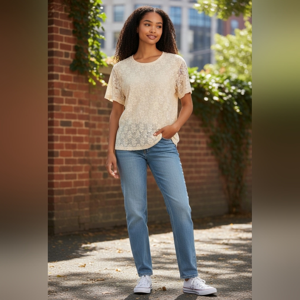 Denim & Co Ivory Lace Short Sleeve Tee